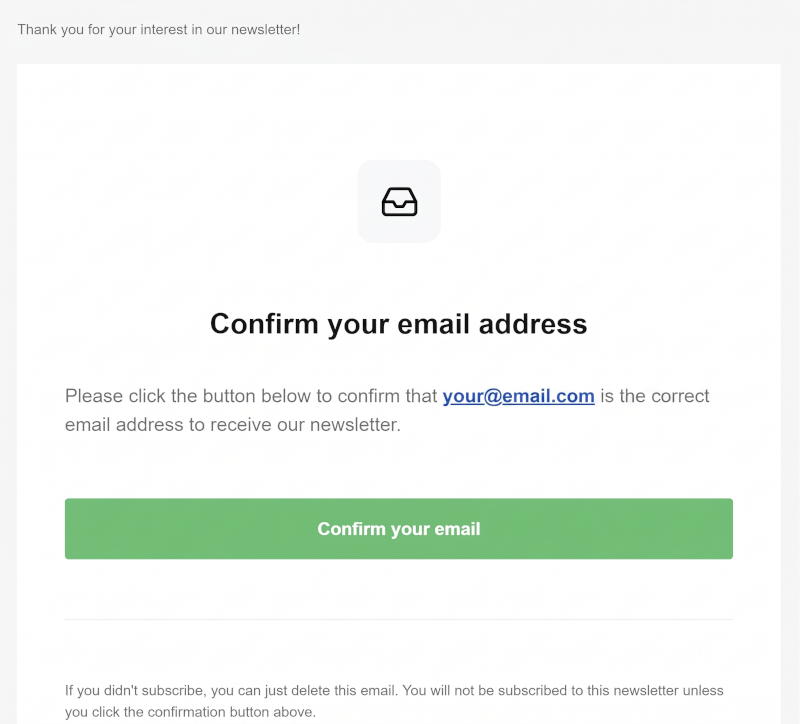 A megerősítő e-mail példája a „Confirm your email” gombbal.